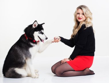 Genç kız ile üzerine beyaz izole onun husky köpek