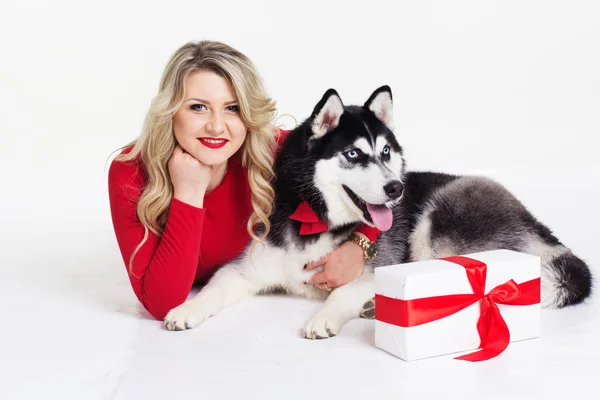 Girl wearing dress with gifts and her husky dog — Stock Photo, Image