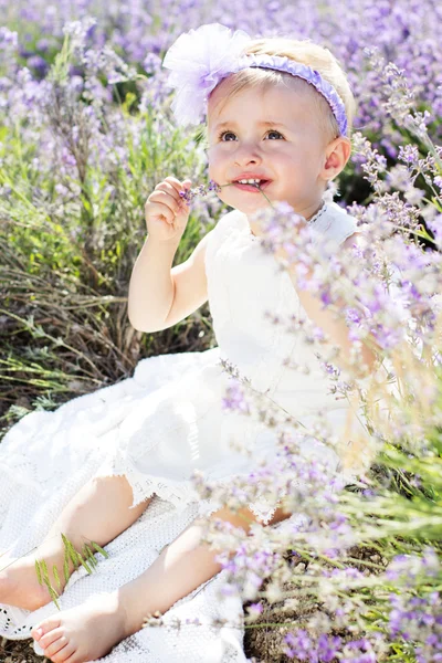 Lavanta çiçek alan kız şirin çocuk — Stok fotoğraf