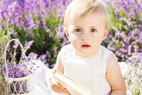 Roztomilé dítě sedí v poli levandule květin — Stock fotografie