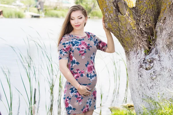 Zwangere meisje is permanent in de buurt van boom — Stockfoto