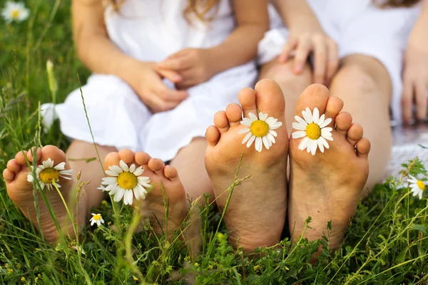 Pieds d'enfants avec des fleurs de marguerite sur l'herbe verte — Photo