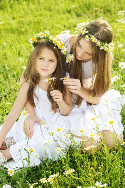 Two pretty girls with wreath of chamomiles — Stock Photo, Image