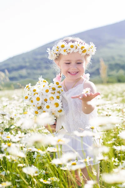 Söt liten flicka med blombukett chamomiles — Stockfoto