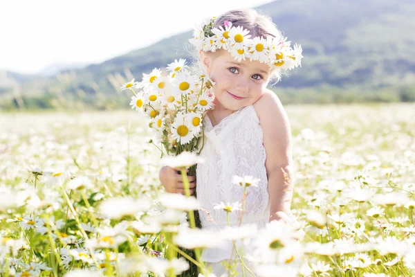 Söt liten flicka med blombukett chamomiles — Stockfoto