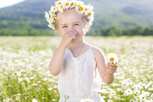Smiling little girl with wreath of chamomiles — Stock Photo, Image