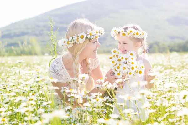 Familie moeder en kind op gebied van madeliefjebloemen — Stockfoto