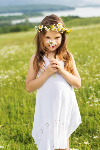 Menina bonito está segurando flor margarida — Fotografia de Stock