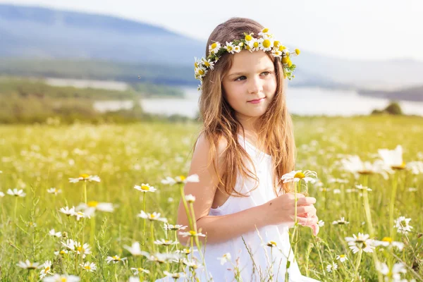 Cute child girl in field with mountain view — Stock Photo, Image