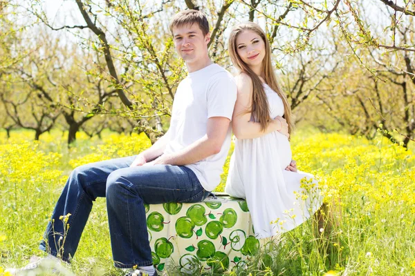 Feliz jovem casal sentado na mala ao ar livre — Fotografia de Stock