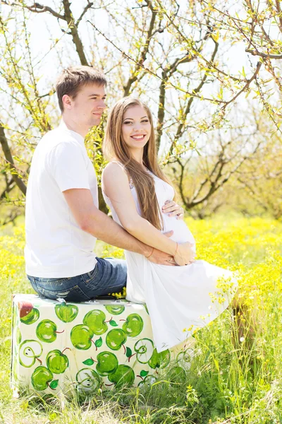 Pareja feliz sentada en la maleta al aire libre — Foto de Stock