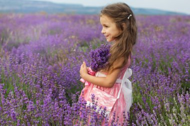 Kokulu lavanta alanındaki sevimli küçük çocuk kız