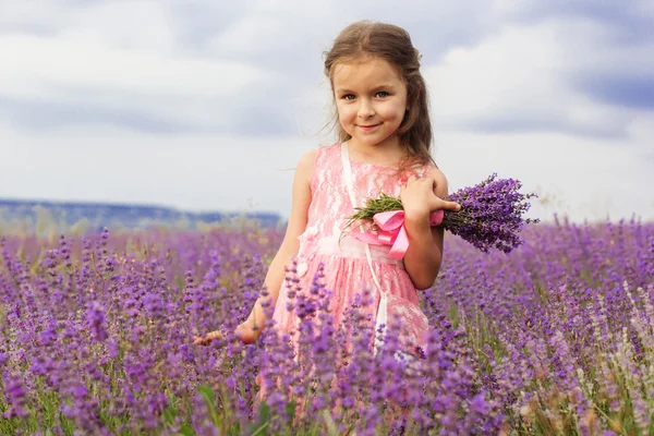 Aranyos kis gyermek lány levendula virág meadow — Stock Fotó