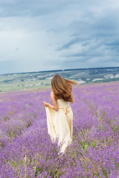 Bride girl is running at lavender field Royaltyfria Stockbilder