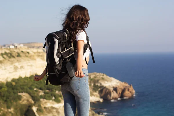 Visão traseira do viajante está de pé na rocha com mochila — Fotografia de Stock