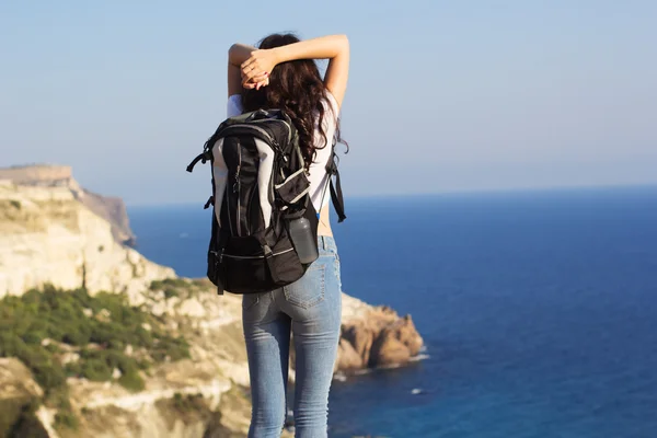 Vista posteriore del viaggiatore è in piedi su roccia con zaino — Foto Stock