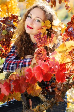 Sonbahar üzüm bağ güzel genç kadın