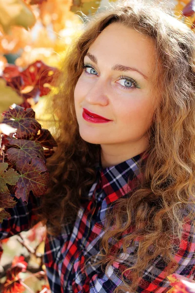 Menina bonita em vinhedo de uva colorido, tempo de outono — Fotografia de Stock
