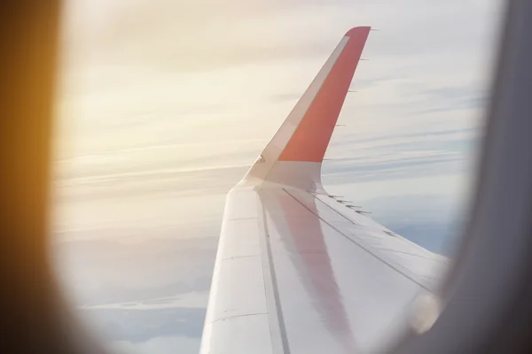 Крыло самолета, летящего в небе ранним утром — стоковое фото