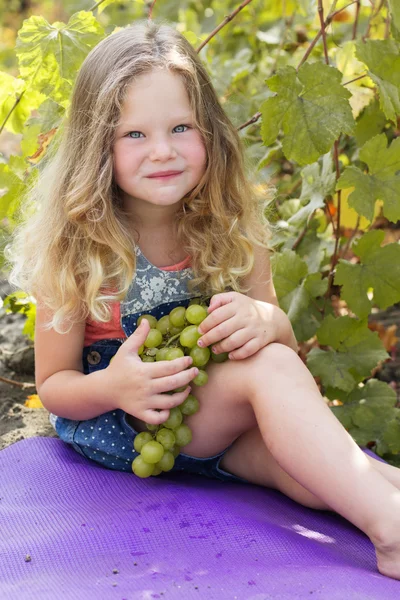 Happy child girl with grapes in autumn vineyard — Stock Photo, Image