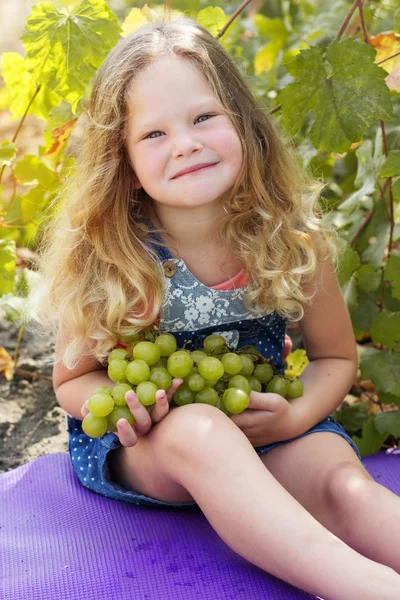 Niña rubia con uvas en el viñedo de otoño — Foto de Stock