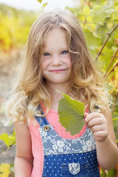 Rubia linda niña en el viñedo de otoño —  Fotos de Stock