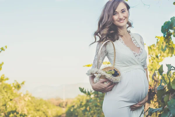 Menina grávida com cesta de uvas na vinha — Fotografia de Stock