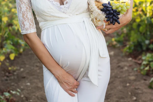 Belly of pregnant woman  with grapes basket — Stock Photo, Image