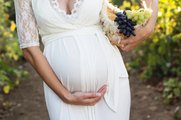 Belly of pregnant woman  with grapes basket — Stock Photo, Image