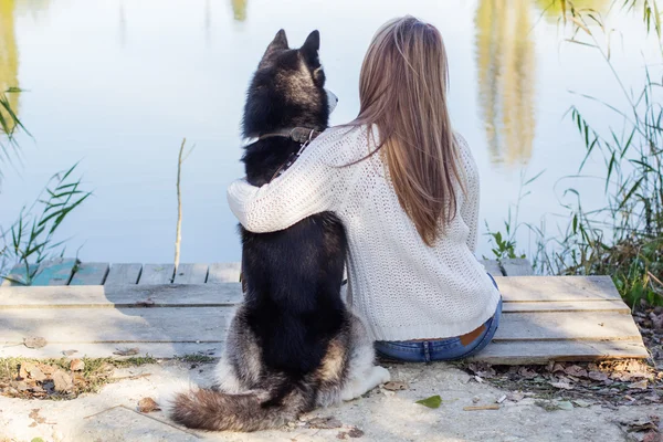 Visão traseira da menina está abraçando cão husky ao ar livre — Fotografia de Stock