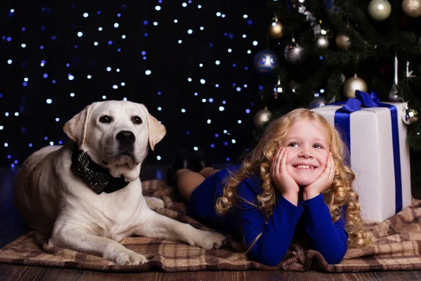 Child girl with dog at home near christmas tree — Stock Photo, Image