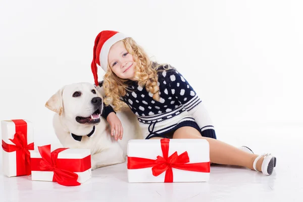 Pretty child girl with dog are sitting in studio — Stock Photo, Image