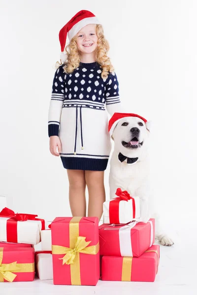 Девушка и собака в студии с подарками — стоковое фото