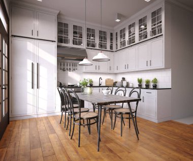 Modern mutfak iç mimarisi. 3d tasarım konsepti çizimi