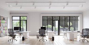 Çağdaş ofis içi. 3d tasarım kavramı