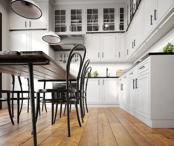 现代厨房内部低视野相机位置 3D设计概念说明 — 图库照片
