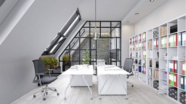 Çağdaş ofis içi. 3d tasarım kavramı