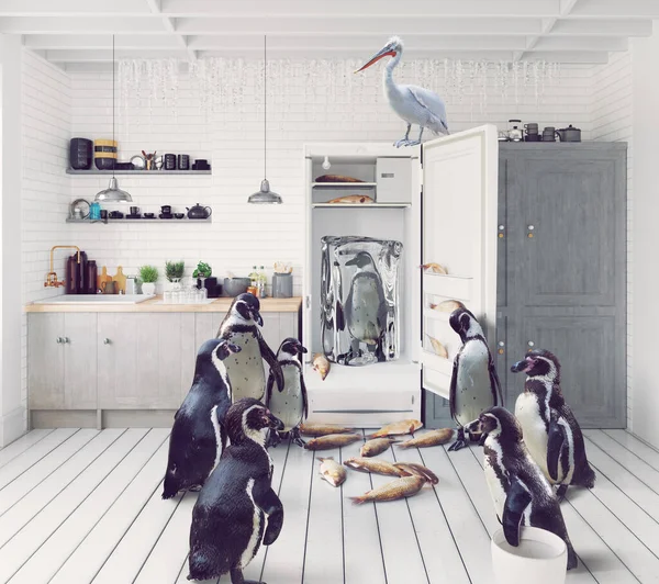 Pinguine Finden Ihre Überraschung Kühlschrank Foto Und Mischen Kreatives Konzept — Stockfoto