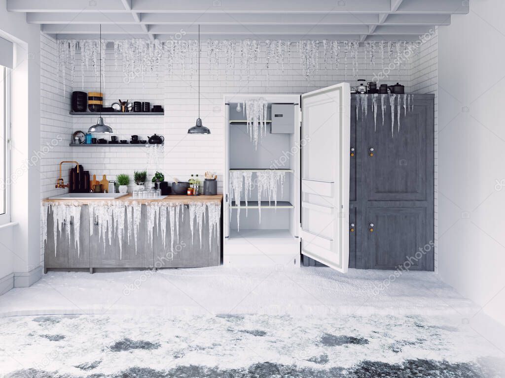 Open door fridge  and frosen kitchen interior. 3d  conceptual illustration