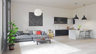 Modern stüdyo iç mimarisi. 3d tasarım kavramı