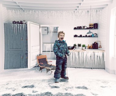 Boy  and frosen kitchen interior. 3d  conceptual illustration clipart