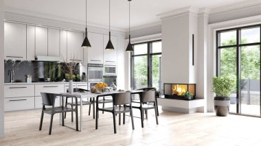 Modern mutfak iç mimarisi. 3d tasarım illüstrasyonu