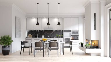 Modern mutfak iç mimarisi. 3d tasarım illüstrasyonu