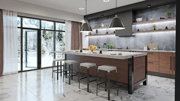 Modern Kitchen Interior Rendering Design Concept — Stock Photo, Image