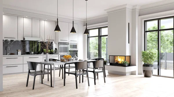 Modern mutfak iç mimarisi. 3d tasarım illüstrasyonu