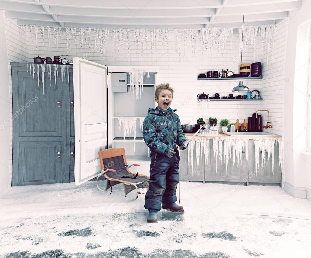 Boy  and frosen kitchen interior. 3d  conceptual illustration