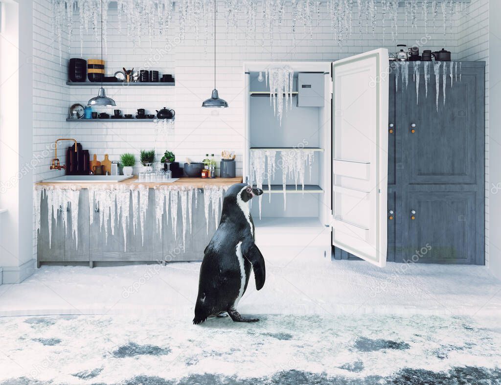 Open door fridge  and penguin in the frosen kitchen interior. 3d  and photo conceptual illustration