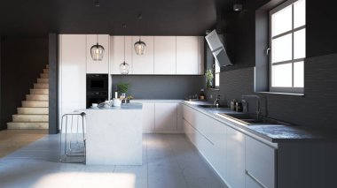 Modern siyah mutfak iç mimarisi. 3d tasarım kavramı