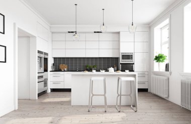 Modern mutfak iç mimarisi. 3d tasarım kavramı