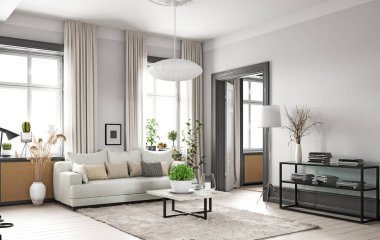 Modern yaşam iç tasarımı. 3d konsept resimleme